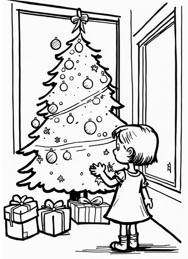 line art, black and white, christmas tree with presents, decorations, happy scene, cartoon sketch, coloring page for kids, coloring page for children, thick lines, realistic, drawing, printable outlined art, crisp lines, No background, clip art, hand drawn, No shadows, drawing, No gray, no shades, high contrast. The line art should be clean and crisp, with uniform thickness and minimal shading, to provide a user - friendly coloring experience.