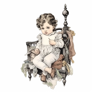 Victorian baby and nursery, Clipart, black outline, white background, colored pencil