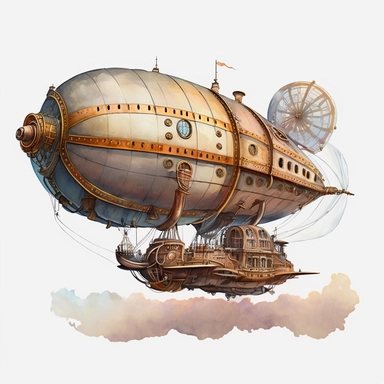 Envision a massive, streamlined airship with a steam-powered engine and intricate gear-driven controls. It travels silently through the air with the help of its large propellers. Watercolor style in high resolution with white background. 4k clipart