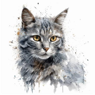 clipart of a gray cat, very adorable, watercolor grey, white background, splash of color, cat is smirking, high detail