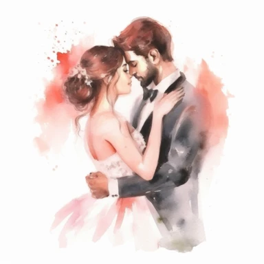Watercolor drawing of italian dreamy bride and groom couple, romantic wedding watercolor clipart, white background, isolated on white, 8k, watercolor style