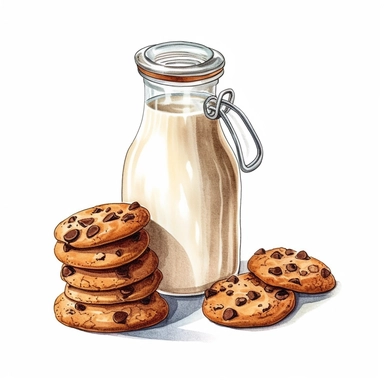 milk jar and chocolate chip cookies drawing sublimation clipart, hd, intricate detail, illustration style, high solution, on the white background