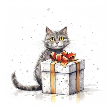 Axel scheffler illustration style cat christmas present, high definition, 16k, insanely detailed, fine detail, sharp focus, illustration, white background, isolated clipart vector