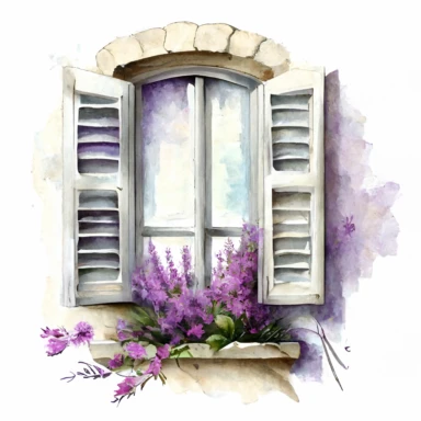 clipart watercolor, detailed, realistic, white background. Window with shutters with lavender flowers on the sill, ledge