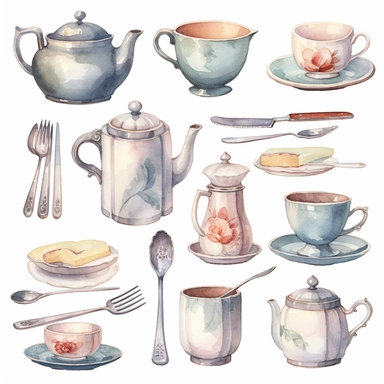 Watercolor vintage tea party items, illustrations clipart set, simple, soft colors, cartoon elements, different variants, teapot, sugar bowl, jug of milk, , stacked china plates, tongs, china cup and saucer,napkin, stacked teacups, ,silver knife, ,silver fork, ,silver spoon,napkin, place holders, separate elements with a margin
