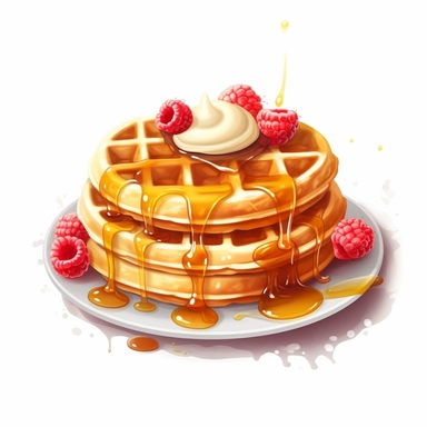 breakfast waffles with syrup, clipart, white background, vector art, sticker