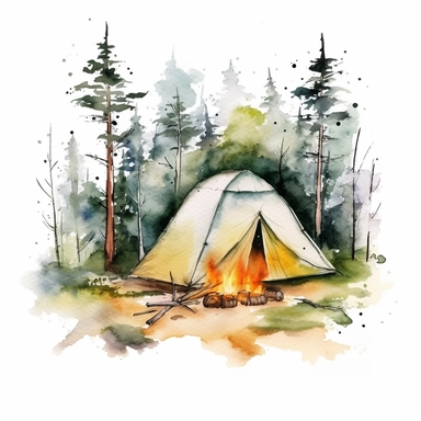 camping scene in forest watercolor style clipart on white background with margins