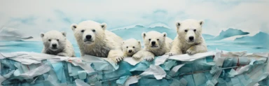 a line of cute miniature polar bear cubs on an iceberg, a collage of mixed media art made with tissue paper, magazine and newspaper clippings, oil paint, graphite pencil lines and fabric, in the style of playful surrealism, whimsical, washi tape