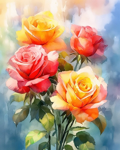 A stunning watercolor impressionist painting of a bunch of roses clipart depicting it in full form. The painting is rendered in HDR, DTM, full HD, and 8K resolution, with ultra-detailed brushwork that captures every nuance and detail of the subject. The painting is created by master artists such as Artgerm, Yoshitaka Amano, or Stefan Gesell, who are known for their realism and superb skills in professional color grading. The colors are vibrant and dynamic, with soft shadows and no contrast, crea
