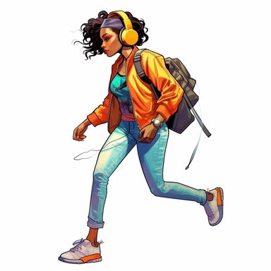 Fashion girl African American illustration clipart isolated white background, rocking a casual urban outfit with headphones and a skateboard, set against a clear white backdrop, conveying a sense of youthful energy and freedom, Digital illustration, raster-based artwork with clear, crisp lines and vibrant colors,