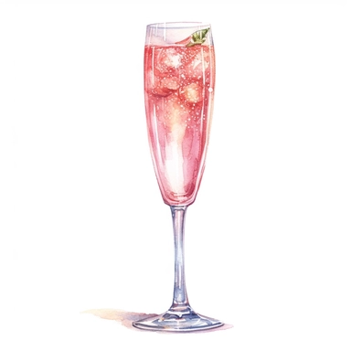 watercolor very detailed tall champagne flute filled with blushing bride champagne cocktail wedding drink clipart, on a white background