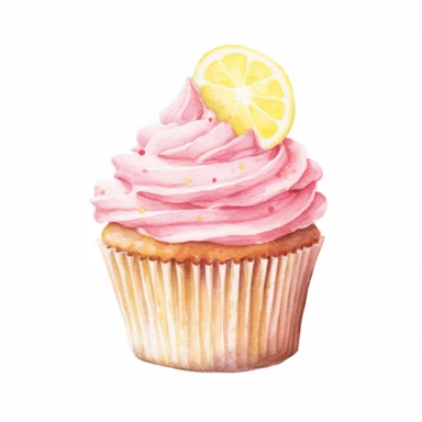 basic watercolor pink lemonade cupcake in minimal hand drawn style, Etsy, textured, clipart, white background
