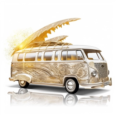 Create an enchanting image of a van carving through a sparkling wave, surfboards secured on its roof, in the midst of a golden sunrise, against a pristine white backdrop, mystical, illustration style, white background, clipart, PNG pure white background, high resolution, hyper detailed, best quality, high detailed illustration