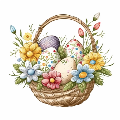 funny drawn sketch easter eggs with romanian traditional pattern in a a basket with flowers on white background, artistic painting, easter spring scene, add some spring leaves, add some flowers,add some birds, spring pastel colors, watercolor, clipart, 2d, sketch style, no text, no logo