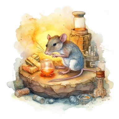 A curious mouse scientist exploring a secret underground laboratory, illuminated by glowing vials and mysterious crystals, with ancient scrolls and scientific apparatus. Watercolor clipart in HD on a white background.