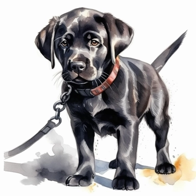 Black labrador puppy clipart, Cute puppy labrador with folded leash in his mouth, happy chubby puppy, ultra-detailed, sharp image, realistic pet image, watercolor labrador dog, isolated on the white background, hd