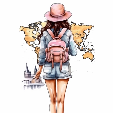 Cute Beautiful Travel Girl Back View Full Body Watercolor Sublimation Clipart,Cartoon,hyper realistic, intricate detail, illustration style,high solution,on the white background, in paris, transparent background