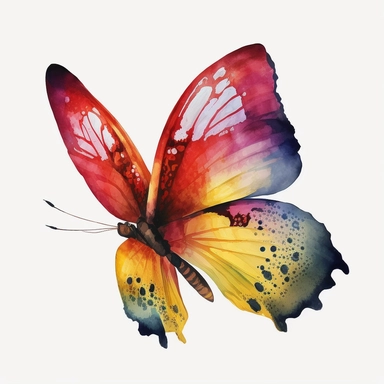 watercolor butterfly clipart, flying butterly, red, yellow, bright colors, no outlines, white background, no text