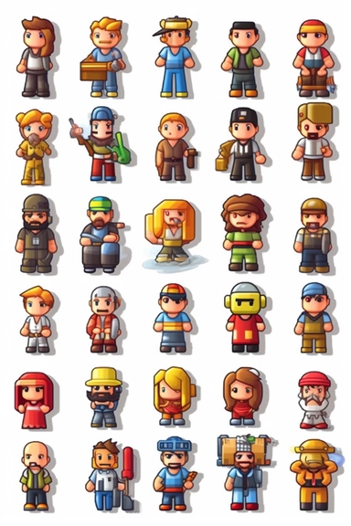 people in occupations, doctor, engineer, police, chef, farmer, hairdresser, bus driver, clip art, in 8 bit videogames style characters