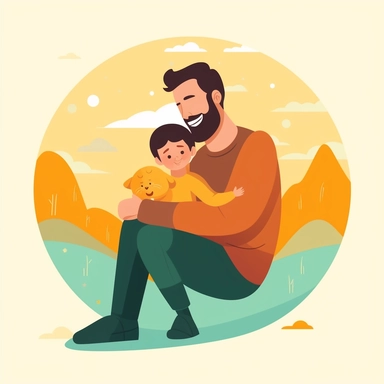 Create a heartfelt Father's Day clipart showcasing a dad hugging his child. The scene should depict a warm, loving moment where they are both smiling, symbolizing their strong bond. The dad can be kneeling or sitting to be at the child's height. Try to incorporate soft, soothing colors to emphasize the loving nature of the scene. Additionally, include a decorative banner at the bottom of the clipart with the phrase 'Dad's Hug, Best Hug'. Please ensure the illustration is clear and high-resolutio