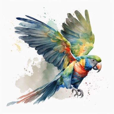 watercolor sketch illustration of Tropical Watercolor fly parrot Clipart, digital art, concept, art, 8k, hd, isolated on a white background