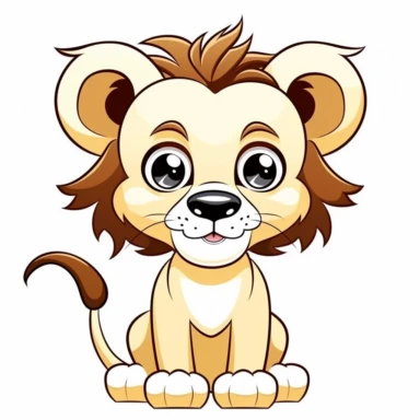 cute cartoon lion drawing, big eyes, illustration clipart, detailed, black outline, white background, digital art