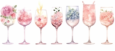 Isolated on a white background, in a feminine style that is populair on Etsy, ten juxtaposed, Wine and cocktail glasses lined up on the floor decorated with baby pink roses, for wedding, high resolution, highly detailed, watercolor clipart illustration, soft pastel color theme, baby pink, 8k UHD isolated image on white background, hyper - realistic high definition
