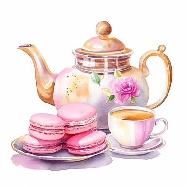 Clipart of set of teapot and cup set in the style of light gold and pink ,decorate with flower serving flowering tea, with a plate of macarons, Watercolor, pastels, clipart, beautiful, colourfull, png transparent white background, high resolution, watercolour, 8k, hyper-realistic, isolated on a white background. q4 s2.