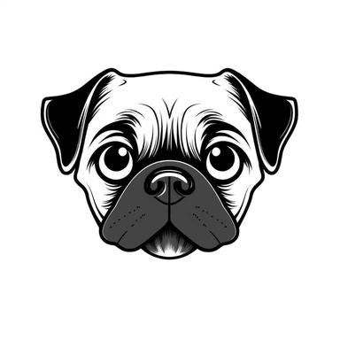 Simple outline of a front - facing crooked head happy Pug dog head peeking with front paws, cute clipart, flat 2d vector, minimalist, black and white, kids cartoon, svg cut file, line art drawing, white isolated background