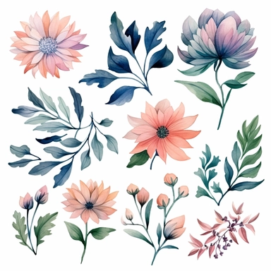 atercolor, handpainted floral clipart, transparent background, 6 elements evenly spaced out by 1 inches