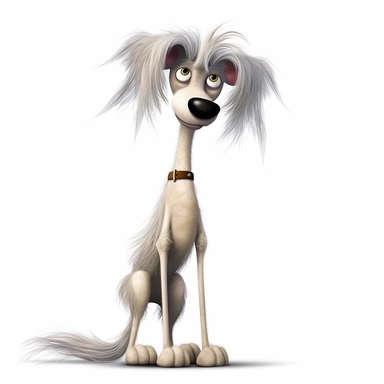 a really skinny cartoon dog, hair frizzed out, funny, full body image, pixar style, clipart, white background