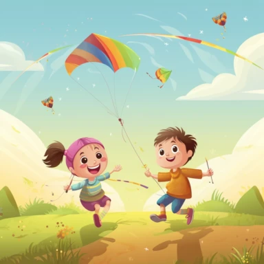 Characters children launching a flying kite, nature background, children's style, 2D, vector, good quality, illustration from the Pixar children's book, vector, cartoon character, hand drawing, clipart