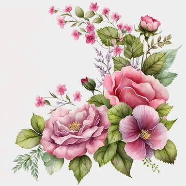 pink flowers watercolor illustration, handpainting, Greeting card Birthday Flowers Wish Rose, Hand-painted flowers transparent background PNG clipart, attention to detail,high quality, extremely detailed v 4, png on white background