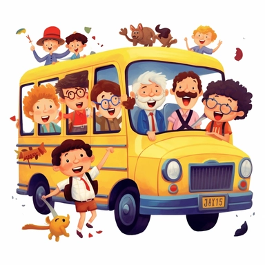 2D CUTE CLIPART OF OLDR GREYING MALE BUS DRIVER HAPPILY DRIVING HAPPY CHILDREN TO SCHOOL, WHITE BACKGROUND