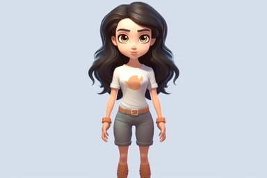 Front view of animated girl standing wearing t-shirt character design, full body, face drawing in top quality, high quality face drawing, clipart, full illustration, 4k, sharp focus, skin. Soft, symmetrical, detailed face, concept art, fairy tale style, C