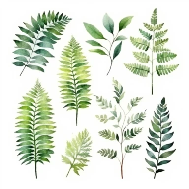set of cute watercolors Fern Plant for kids book, white background, clipart, clean and crisp, boho inspired