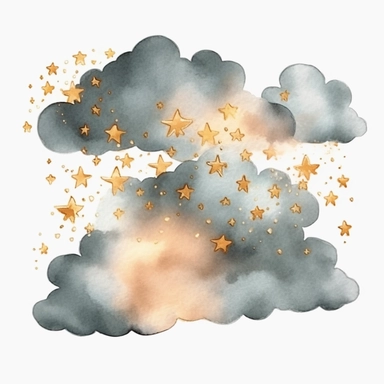 watercolor realistic cloud with gold stars clipart, single clipart, high resolution, light color, 8k