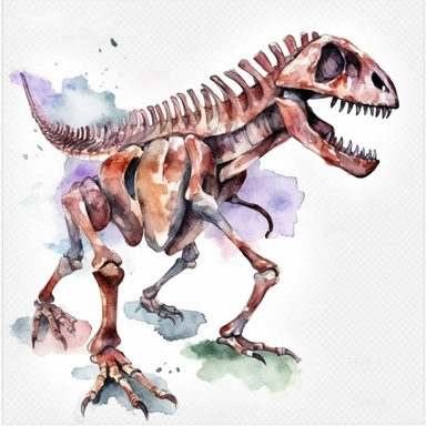 Watercolor dinosaur skeleton clipart, white isolated background, space out, hd