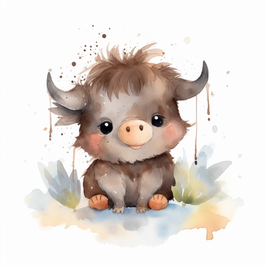 watercolour Happy Baby Buffalo Cartoon Clipart, Cute, no text