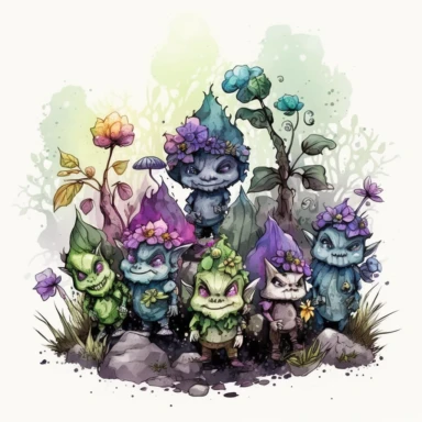 a bunch of cute Mystical magical happy Ogres in a Magical Forest with the latest natural flower fashion of whimsical nature Clipart, Fantasy Art, Fairy Tale Art, colorful watercolor, Ink and pen