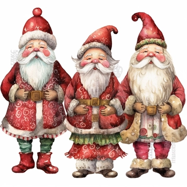 no Watermarks, No Logos, spaced apart, seperate, 4 x single, Highly detailed, christmas santa themed Doll, individually spaced, seperate, apart, watercolour clipart, vibrant colours, vibrant design, with white background, individually spaced, seperate, apart, Cut out doll used in Cardmaking, Mixed Media Crafts, as a character sheet, on a white background in the style of Marker drawing by Jasmine Becket - Griffith