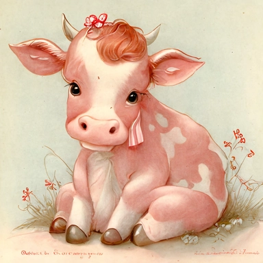 Cute - french style sitting baby cow smiling clipart, pink red hairclip in its hair, proper feet, proper hooves, 1960, in the style of realistic watercolors, childlike innocence and charm, adorable eyes, rosy cheeks, shy posture, feminine sensibilities, realistic drawing in storybook illustration, pencil drawing by Angela Barrett, Elsa Beskow 300 DPI, valentines day themed, white background