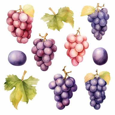Draw a set of playful and colorful, watercolor style illustrations of grapes, evenly space elements for clipart, white background