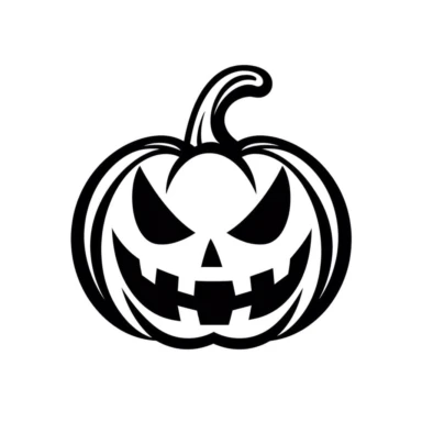 Cartoon halloween pumpkin, black and white silhouette icon, clipart style, white background, thick lines, vector, simple design, flat colour, solid colour, halloweencore
