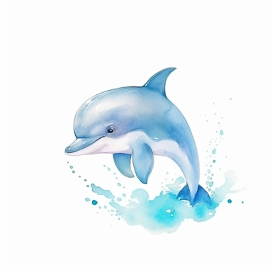 a dreamy baby dolphin with kind eyes clipart with watercolor illustration,full body shot,8k,etsy style, white background