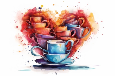 Watercolor, Form a heart shape using stacked coffee cups clipart, hd, on a white background, spaced out