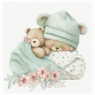 an ultra Cute little newborn baby teddy bear wearing mint green shabby chic floral traditional classic pyjamas and bedtime hat lying on a mint green pillow and blankets watercolour, cute,, bedtime, sleepy, dreamy, isolated on white background, Clipart