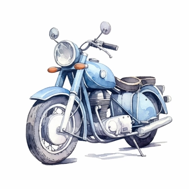light blue motorcycle, gray wheel, watercolor drawing, simple illustration, hand drawing, shadowless basic hand drawn watercolor painting, clipart, complete side view, basic, pastel, 2D