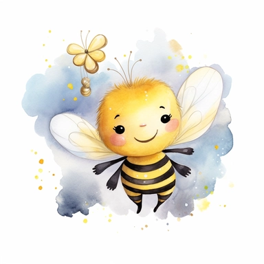watercolor, watersplash, a cute little honey bee smiling, flying, enjoying, stars, whimsical,clouds, clipart, hd, on white background