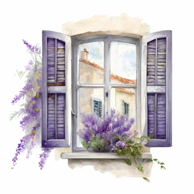 clipart watercolor, detailed, realistic, white background. Window with shutters with lavender flowers on the sill, ledge